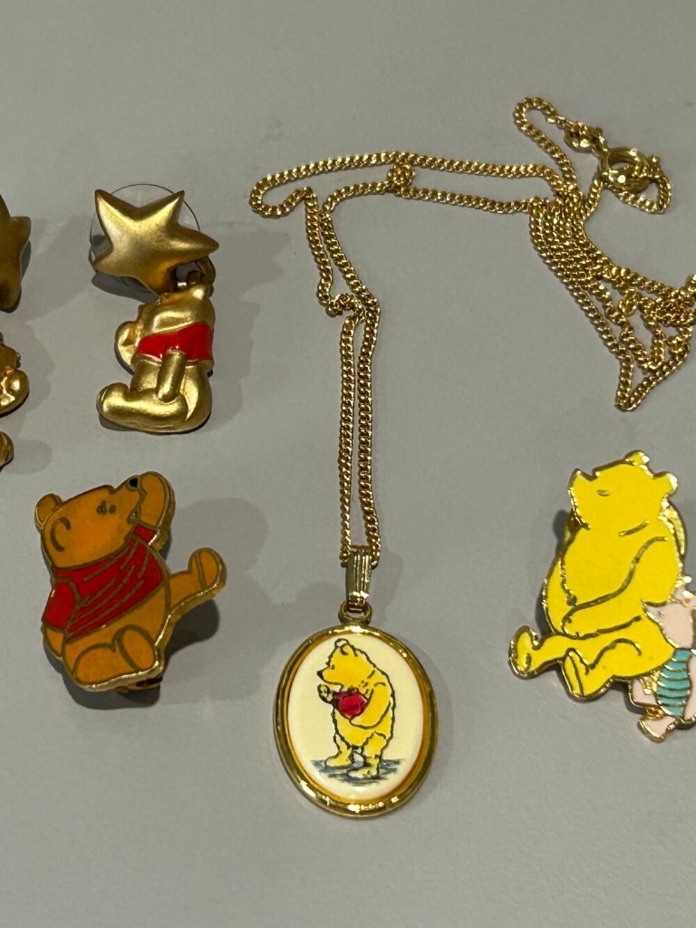Vintage Pooh Necklace, Pins and Earrings